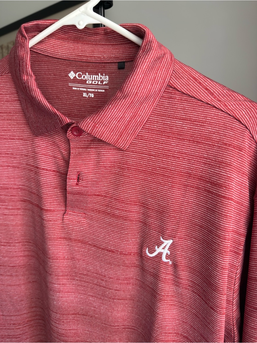 Columbia Red Striped Golf Polo with White Embroidered Alabama Logo